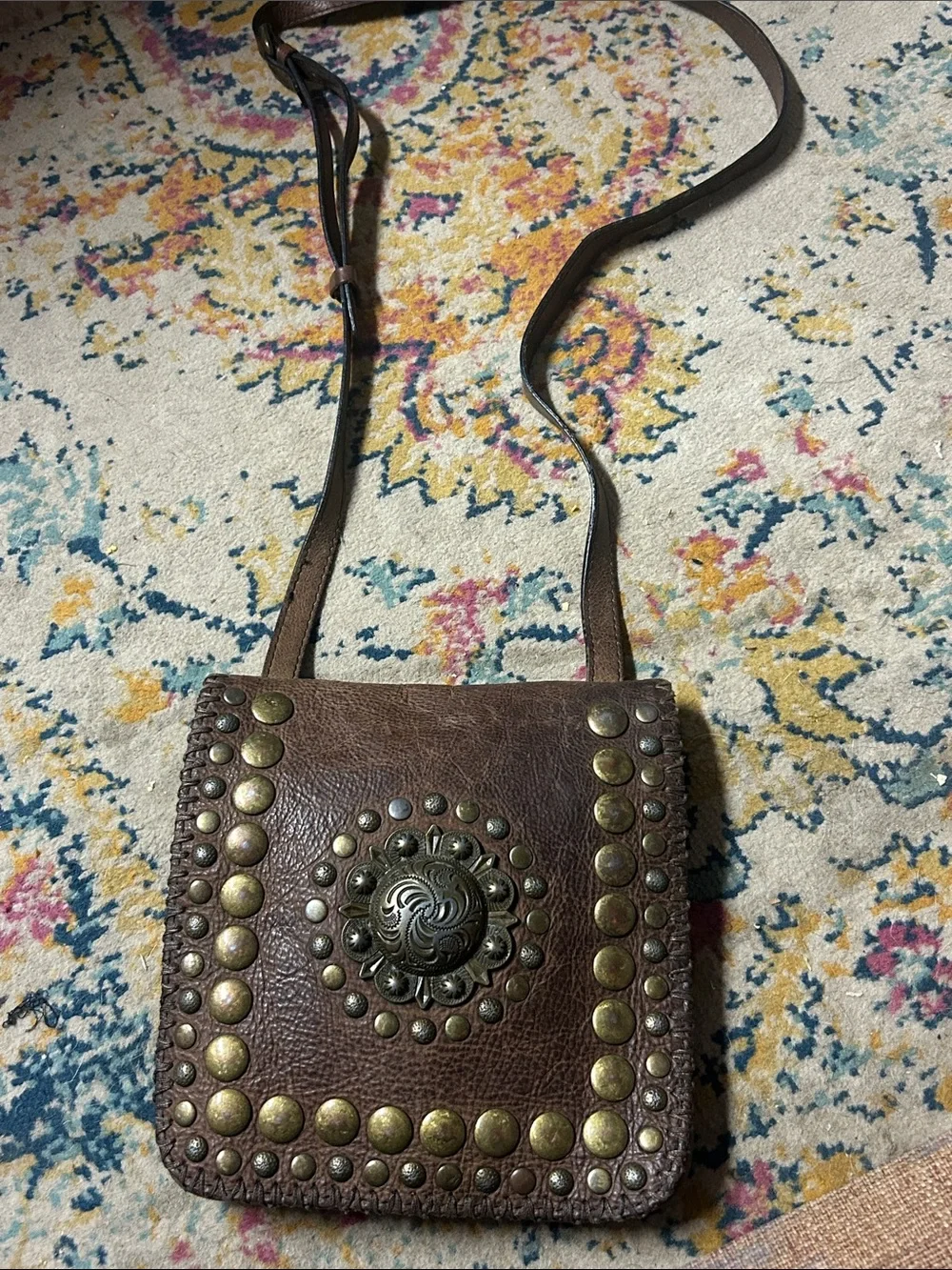 Patricia Nash Brown Studded Leather Crossbody Shoulder Bag Boho